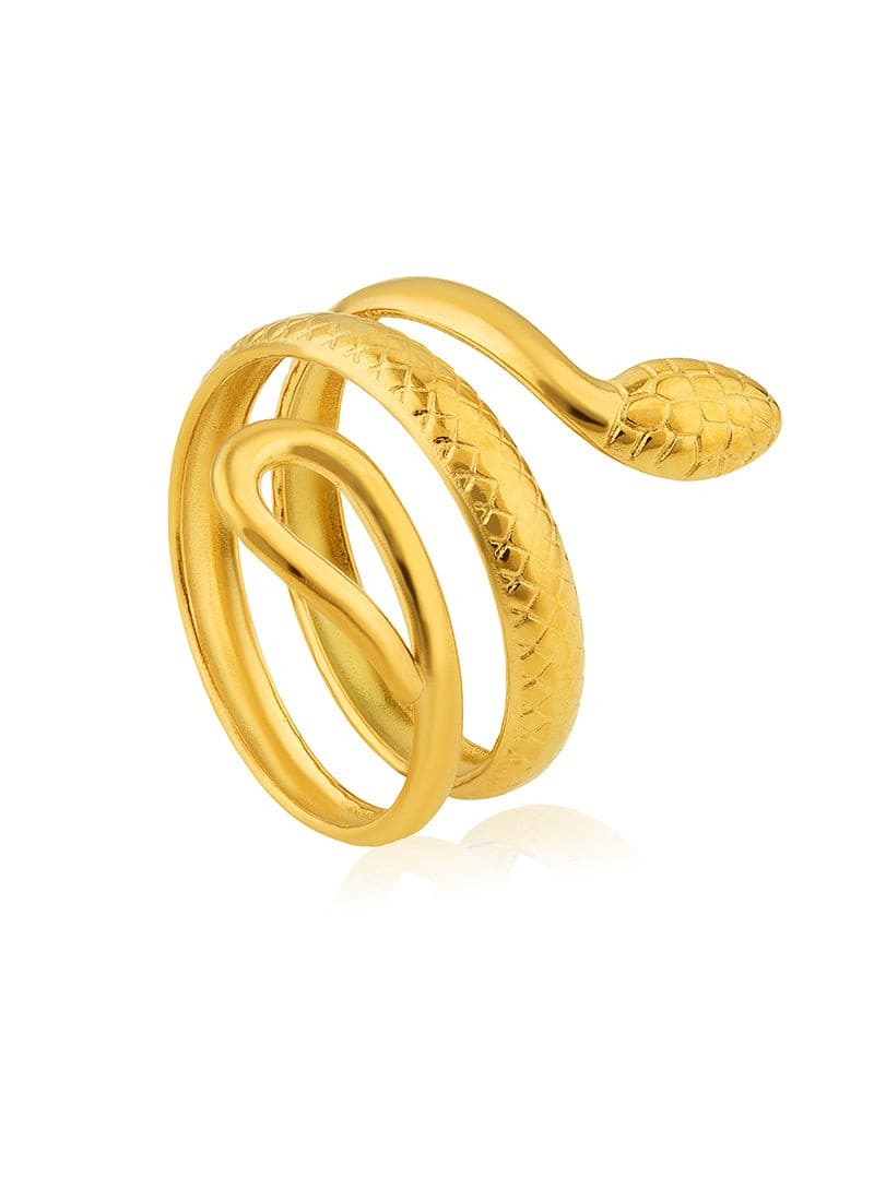Close-up of textured gold serpent ring