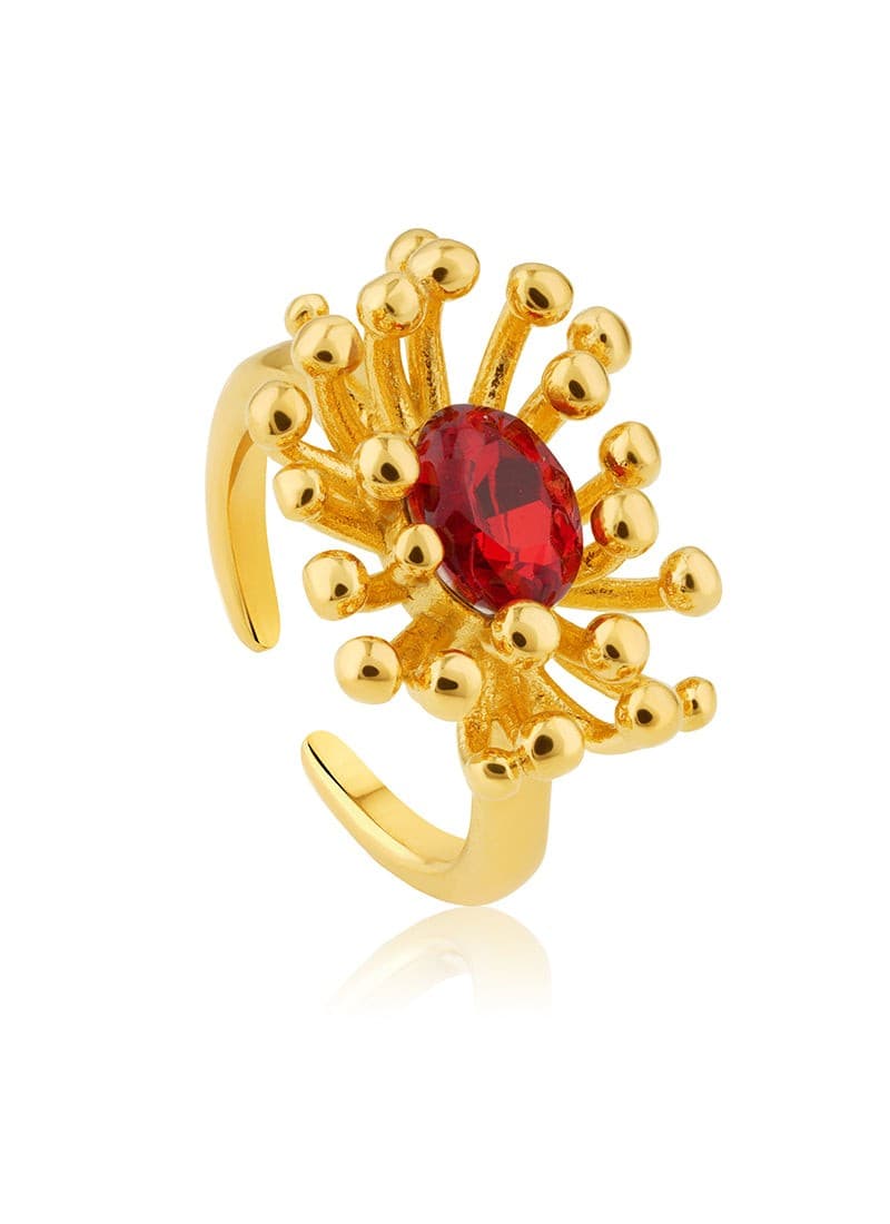 Ruby Sunfire Ring in 18K gold plating with ruby red zircon and sunburst design