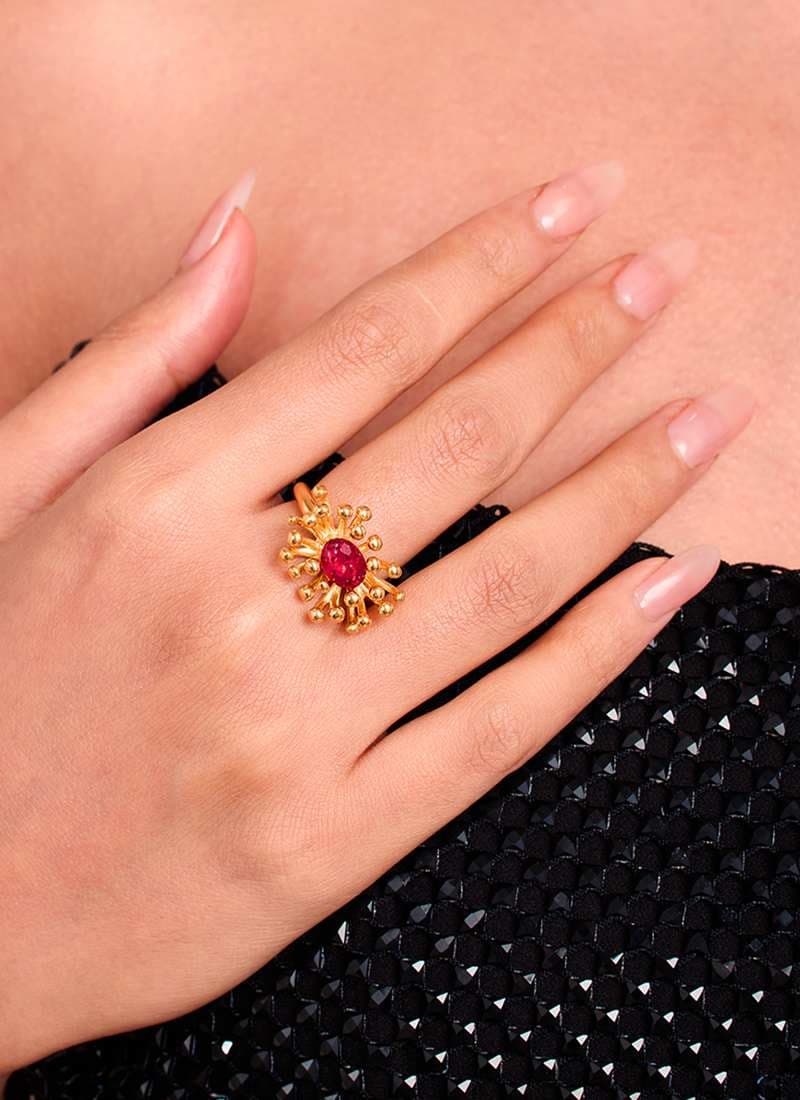 Woman wearing Ruby Sunfire Ring 18K gold-plated ruby statement ring