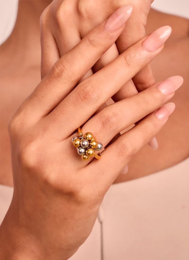 18K gold and rhodium plated dual tone sphere statement ring