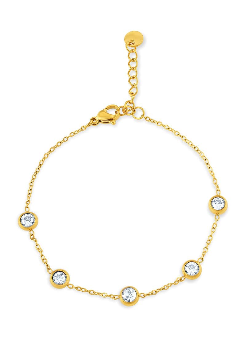 Golden bezel bracelet with five bezel set stones in 18k gold plating by Elra