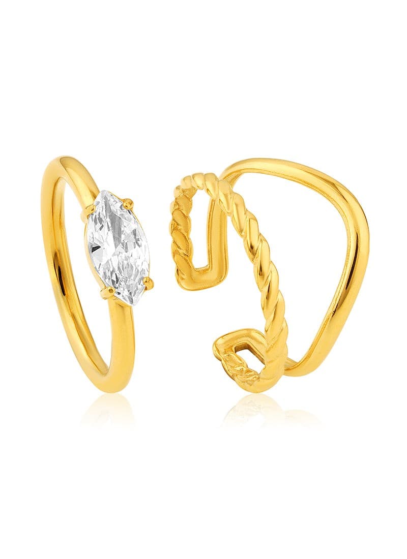 Close-up of marquise cut crystal gold ring