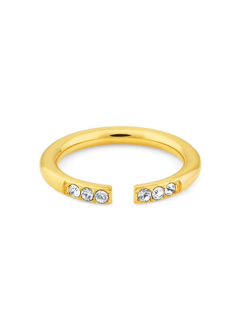 close-up of 18k gold plated open ring with stones
